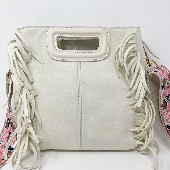 Ahdorned Cream Faux Suede Fringe Crossbody Bag with Pink Brown Wide Boho Strap - Picture 3 of 11